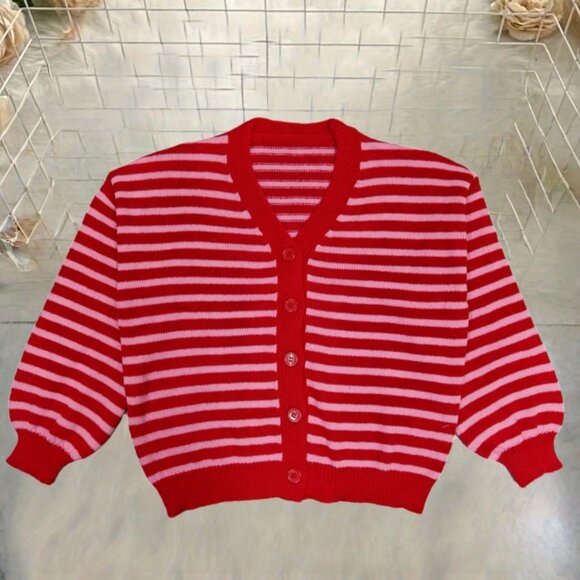 Red Casual Women's Striped Long Sleeve Cardigan - Picture 7 of 8